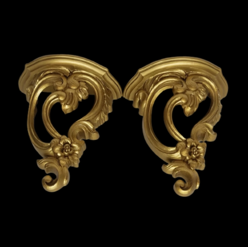 Vintage Set of Syroco Style Shelf Gold Gilded Floral Wall Shelf French Curved
